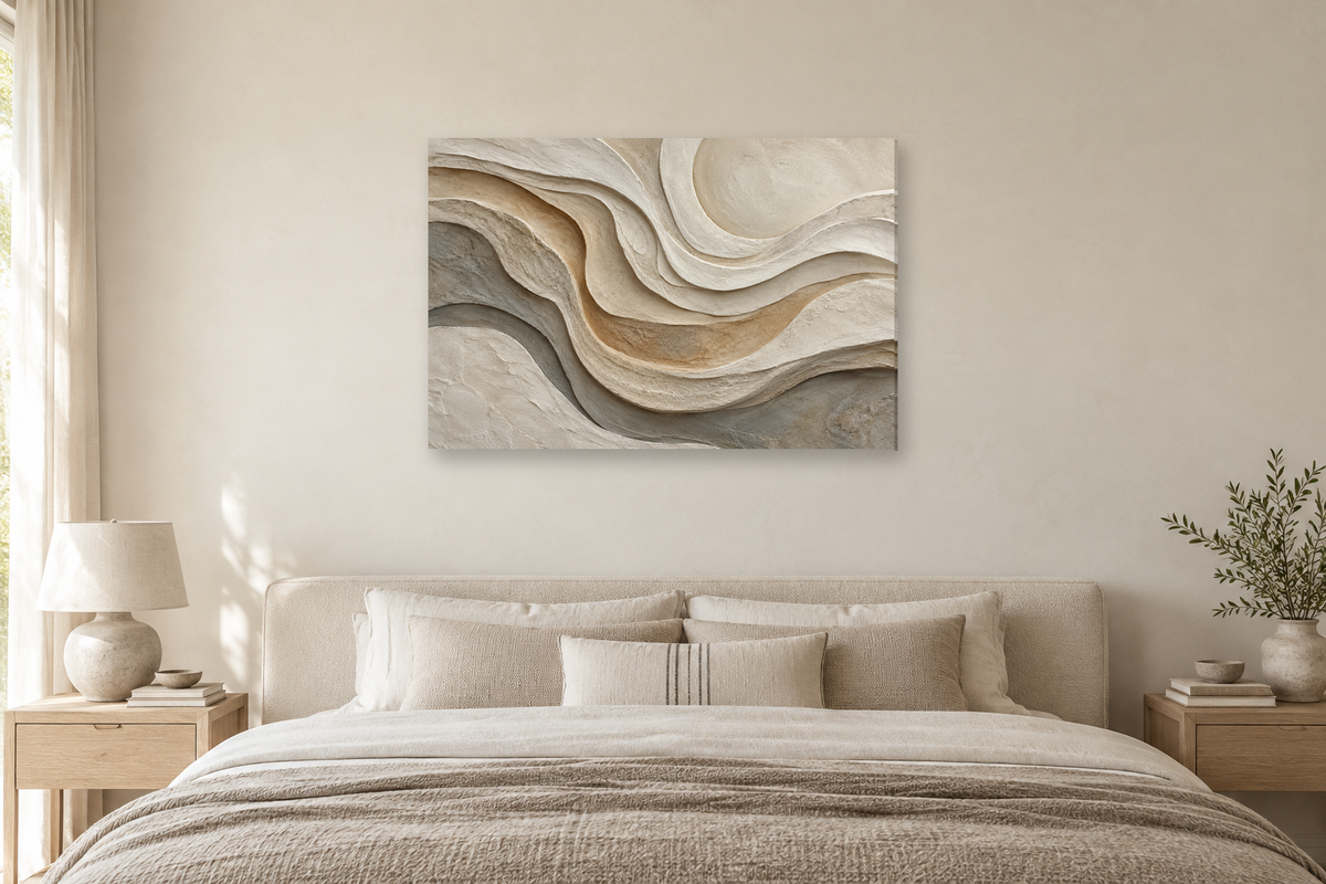 Carved Light — horizontal canvas in a bedroom, full original artwork