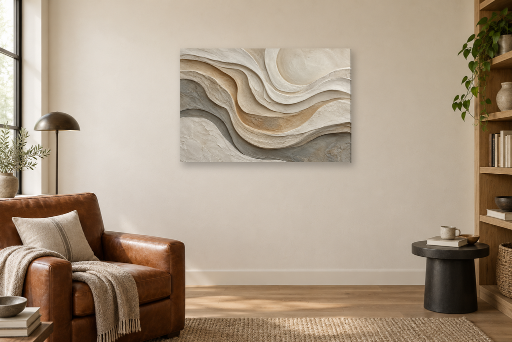 Carved Light — horizontal canvas in a reading corner, full original artwork