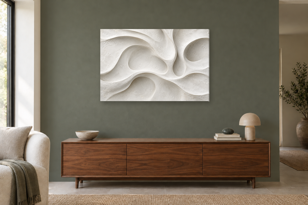 White Contours — horizontal canvas in a living room, full original artwork