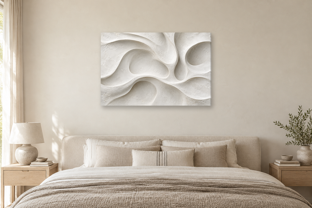 White Contours — horizontal canvas in a bedroom, full original artwork
