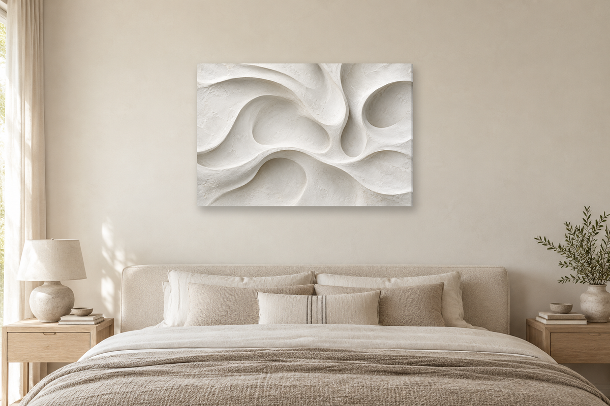 White Contours — horizontal canvas in a bedroom, full original artwork