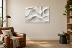 White Contours — horizontal canvas in a reading corner, full original artwork