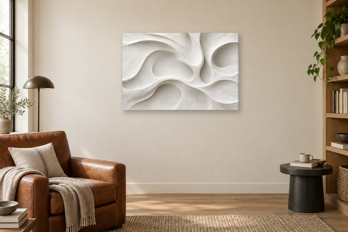 White Contours — horizontal canvas in a reading corner, full original artwork