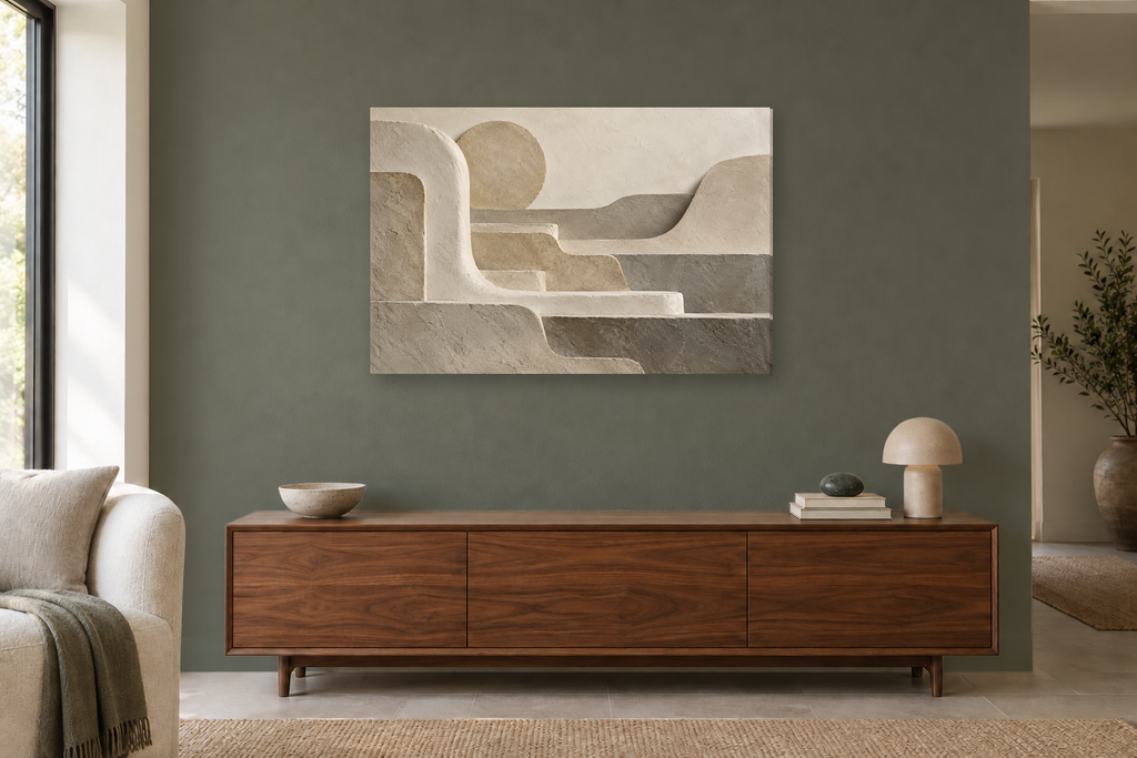 Quiet Terraces — horizontal canvas in a living room, full original artwork