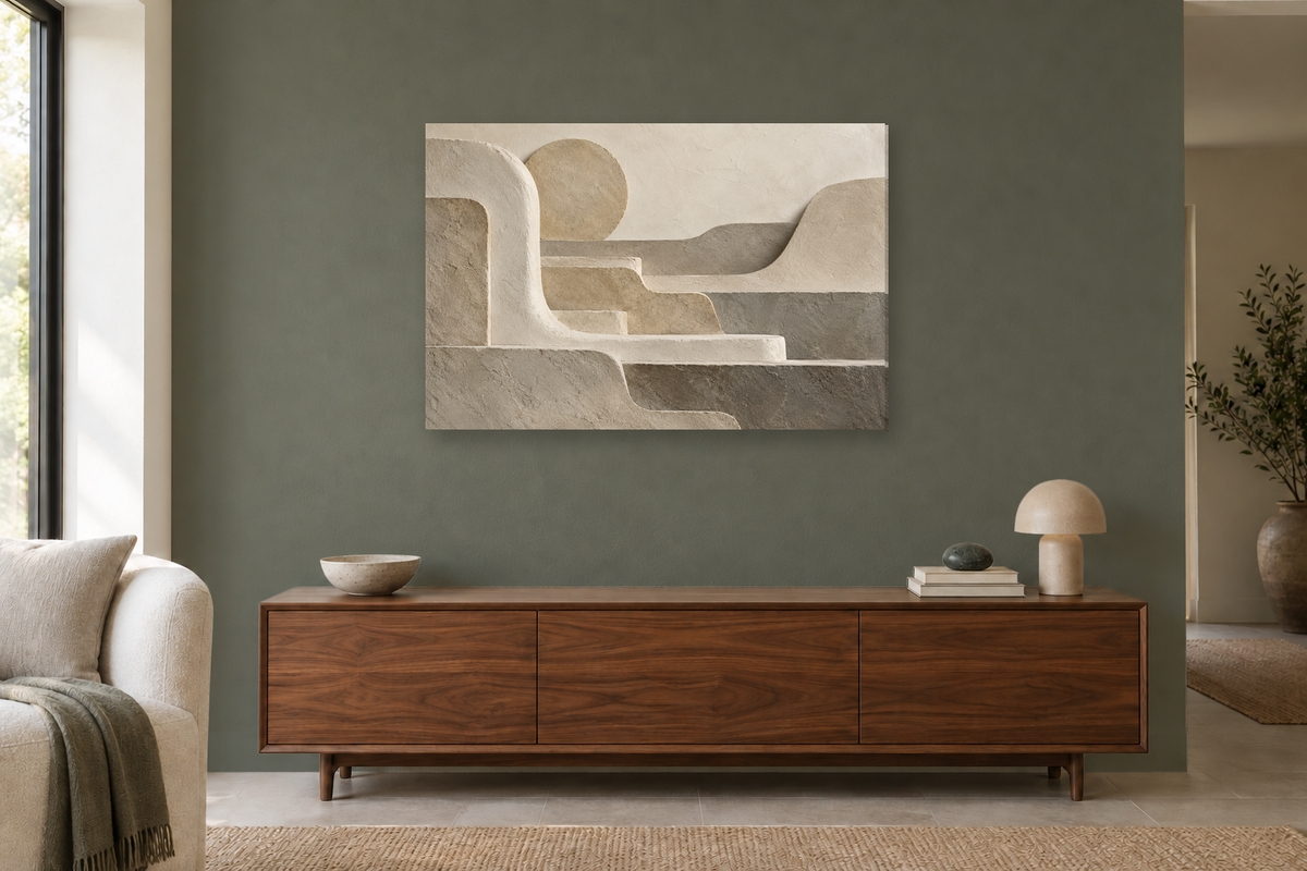 Quiet Terraces — horizontal canvas in a living room, full original artwork