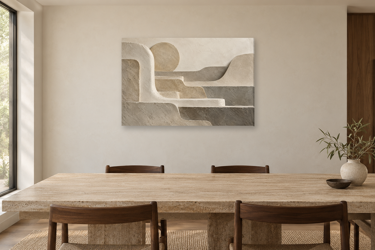 Quiet Terraces — horizontal canvas in a dining room, full original artwork
