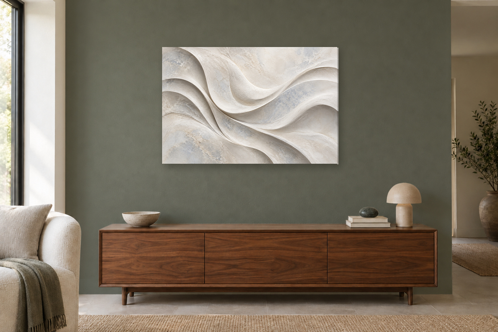 Moonstone Curves — horizontal canvas in a living room, full original artwork