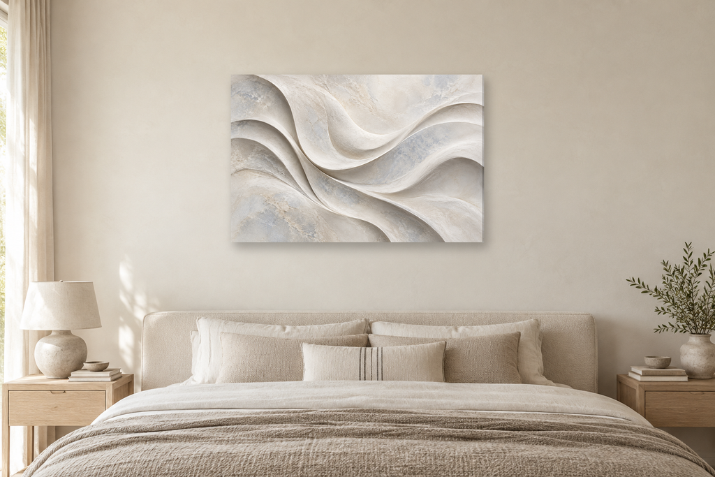 Moonstone Curves — horizontal canvas in a bedroom, full original artwork