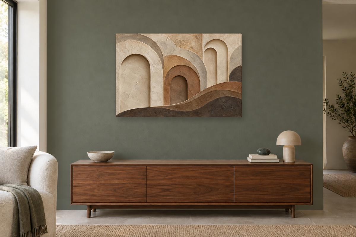 Earth Layers — horizontal canvas in a living room, full original artwork