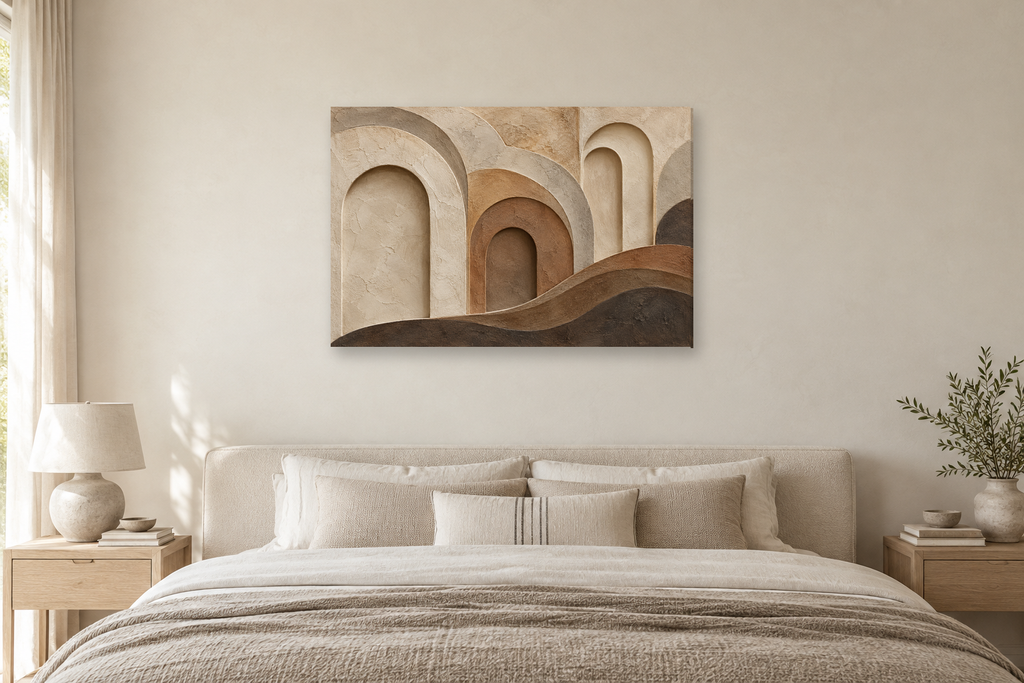 Earth Layers — horizontal canvas in a bedroom, full original artwork