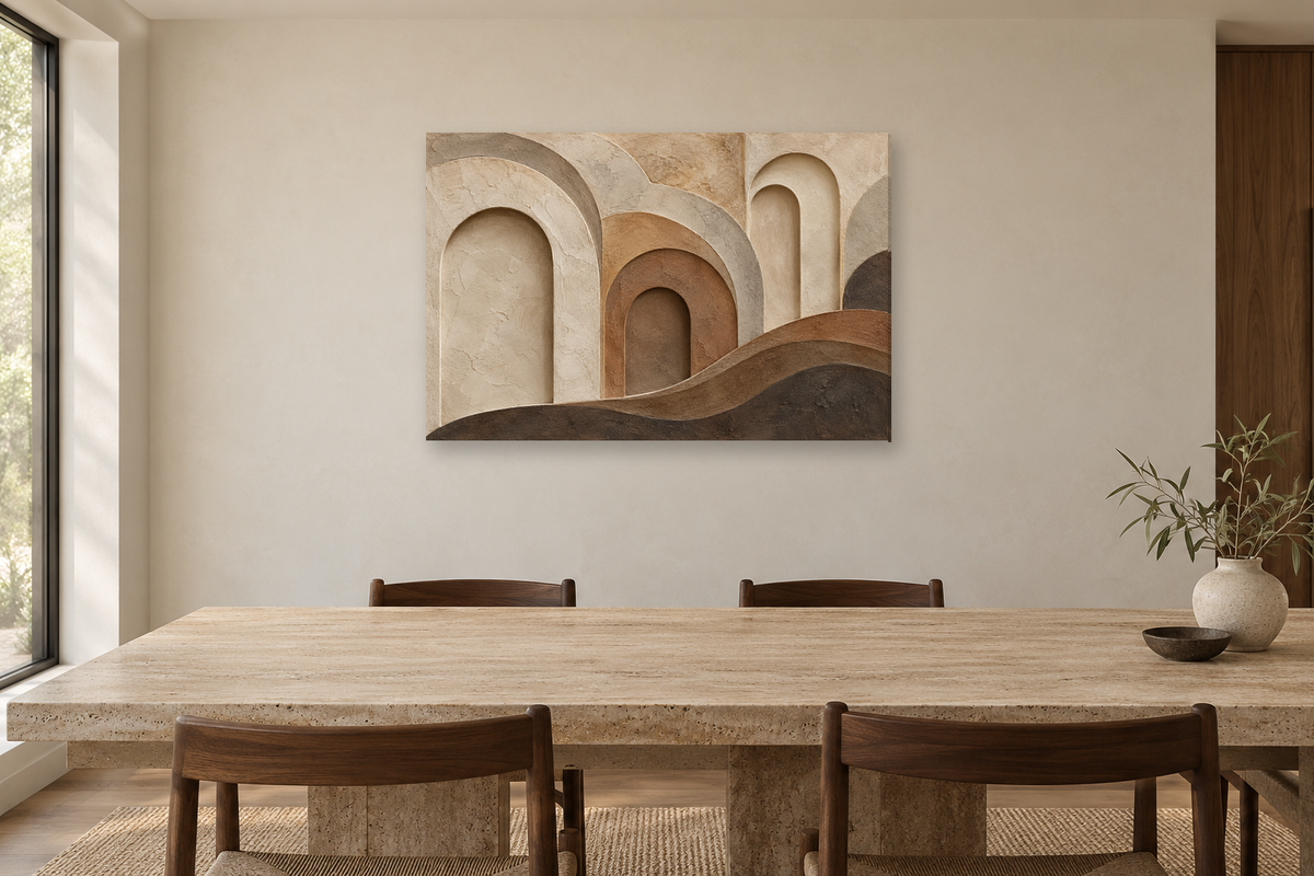 Earth Layers — horizontal canvas in a dining room, full original artwork