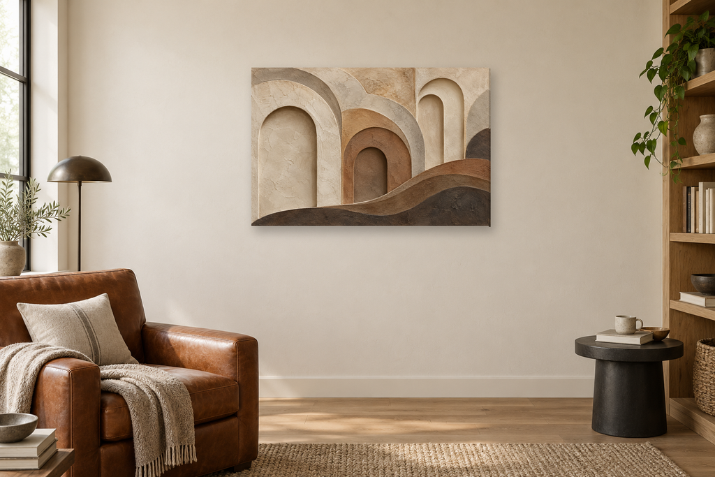 Earth Layers — horizontal canvas in a reading corner, full original artwork