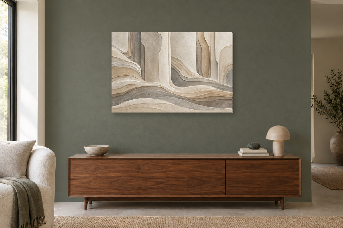 Calm Columns — horizontal canvas in a living room, full original artwork