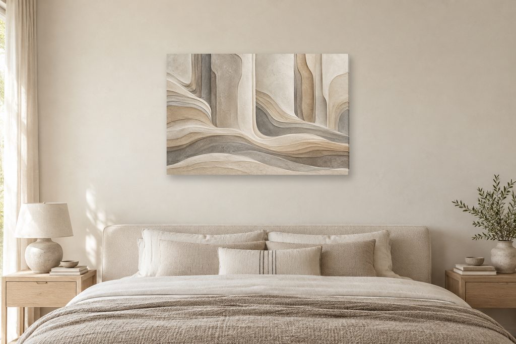 Calm Columns — horizontal canvas in a bedroom, full original artwork