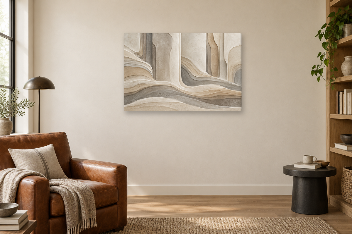Calm Columns — horizontal canvas in a reading corner, full original artwork