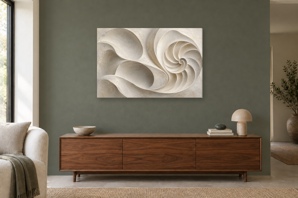 Shell Geometry — horizontal canvas in a living room, full original artwork