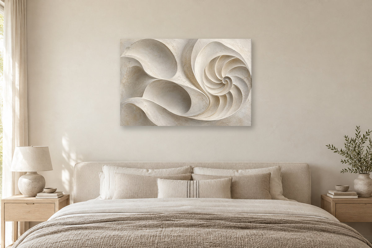 Shell Geometry — horizontal canvas in a bedroom, full original artwork