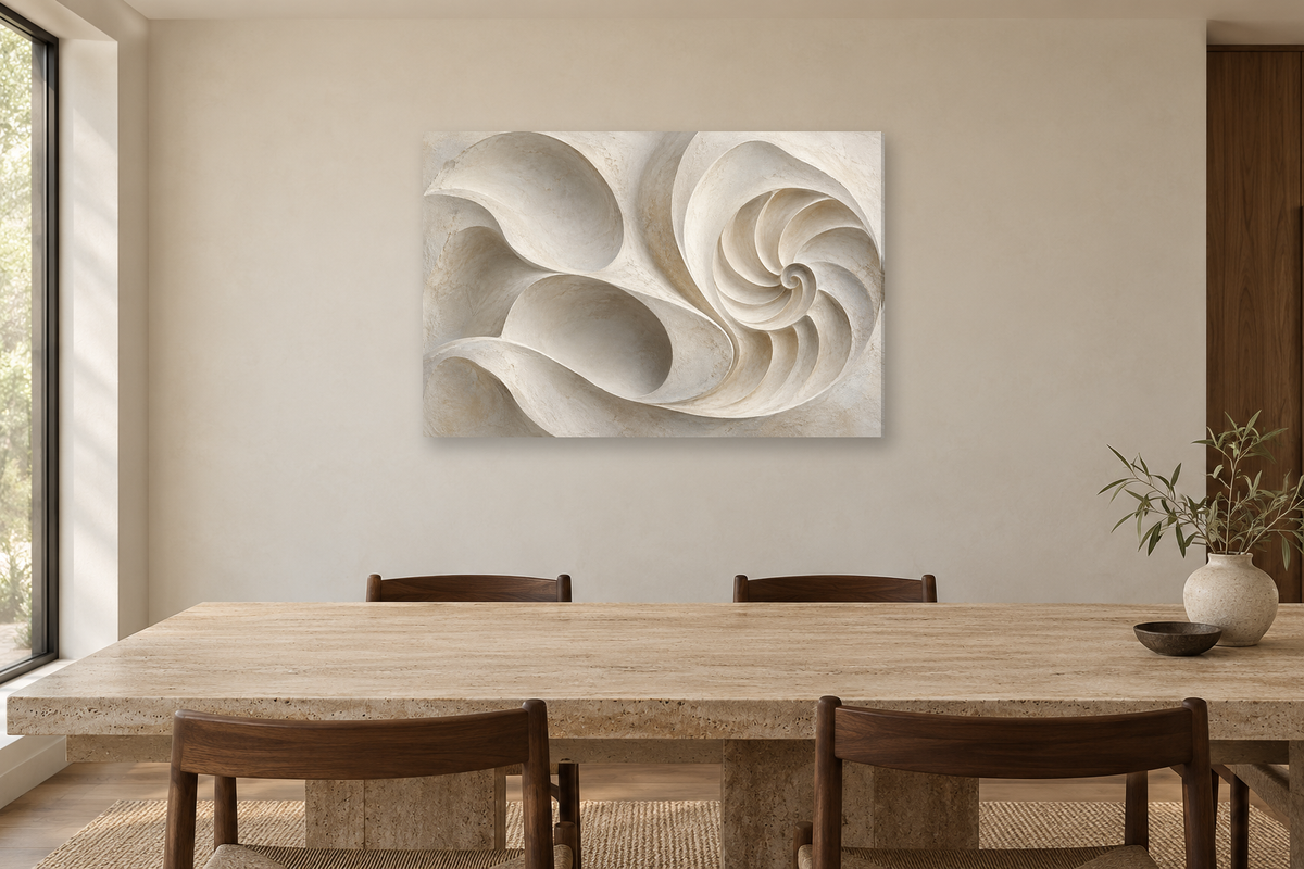 Shell Geometry — horizontal canvas in a dining room, full original artwork