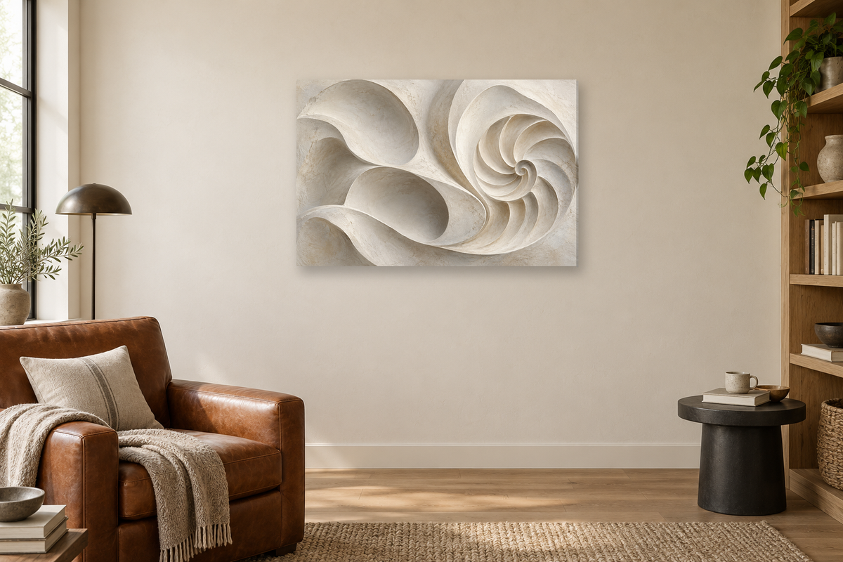 Shell Geometry — horizontal canvas in a reading corner, full original artwork