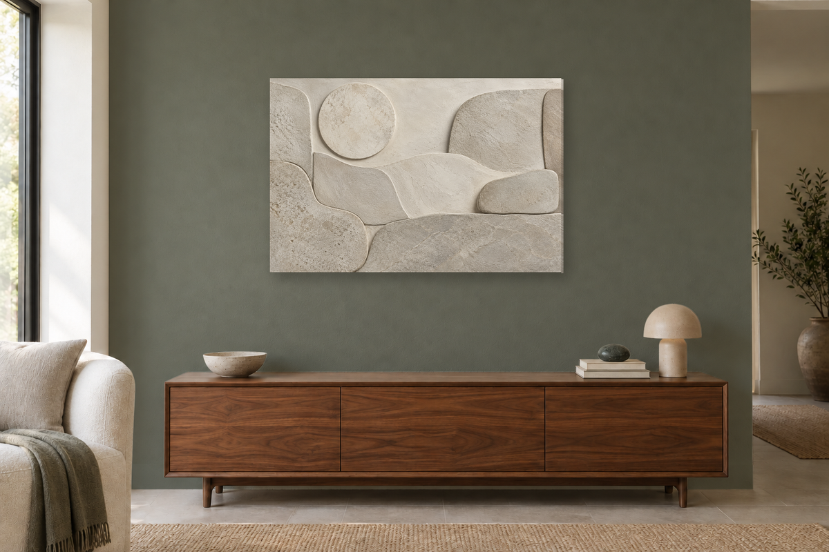 Pale Topography — horizontal canvas in a living room, full original artwork