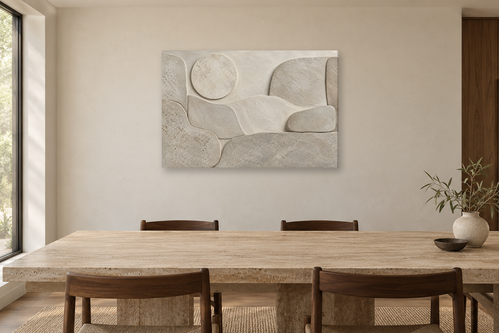 Pale Topography — horizontal canvas in a dining room, full original artwork