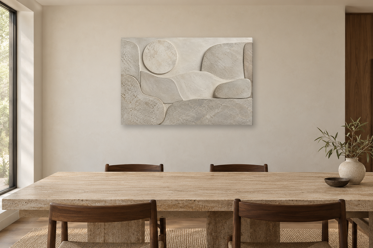 Pale Topography — horizontal canvas in a dining room, full original artwork