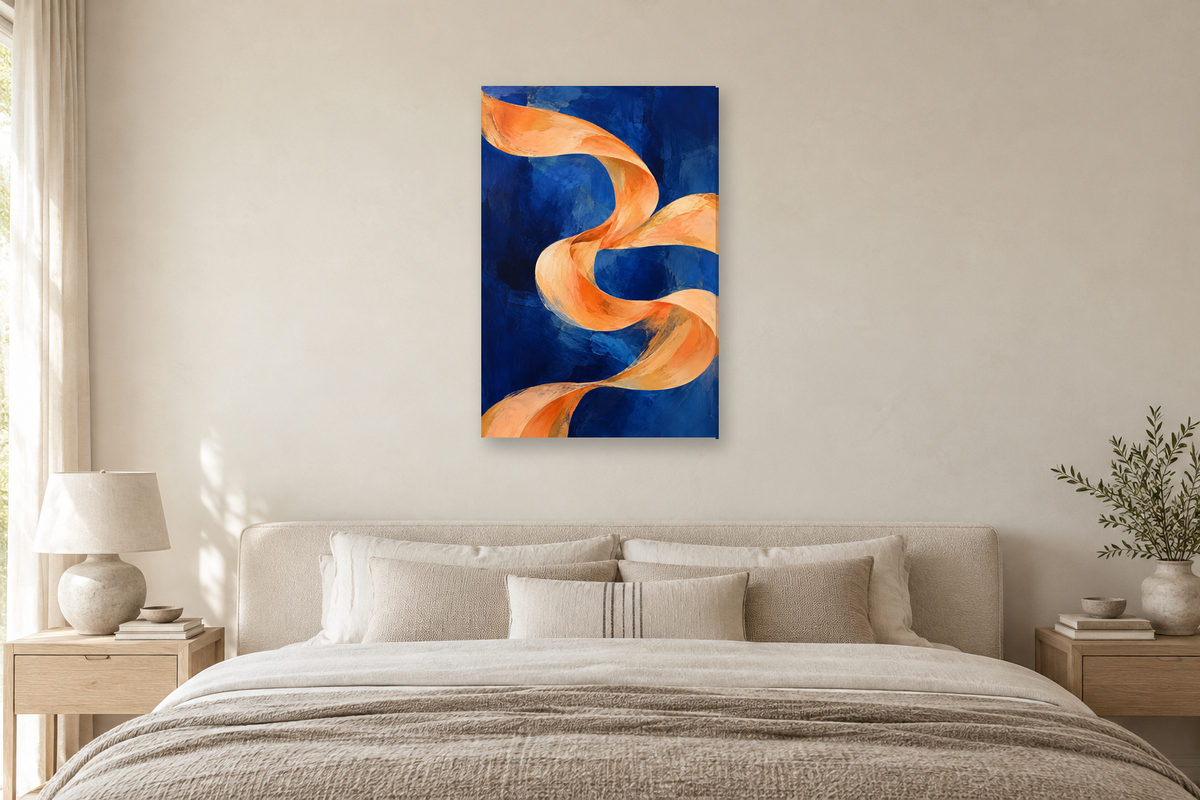 Apricot Reverie in a bedroom — interior mockup with the complete original artwork