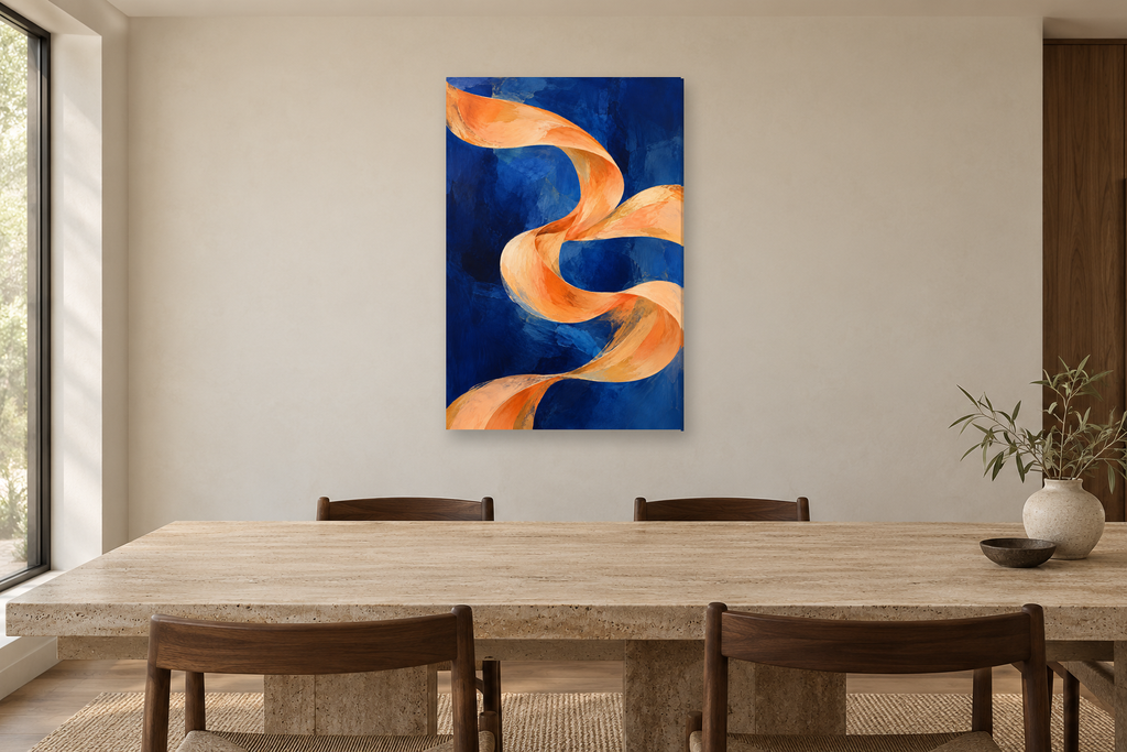 Apricot Reverie in a dining room — interior mockup with the complete original artwork