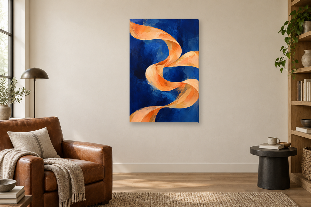 Apricot Reverie in a reading corner — interior mockup with the complete original artwork