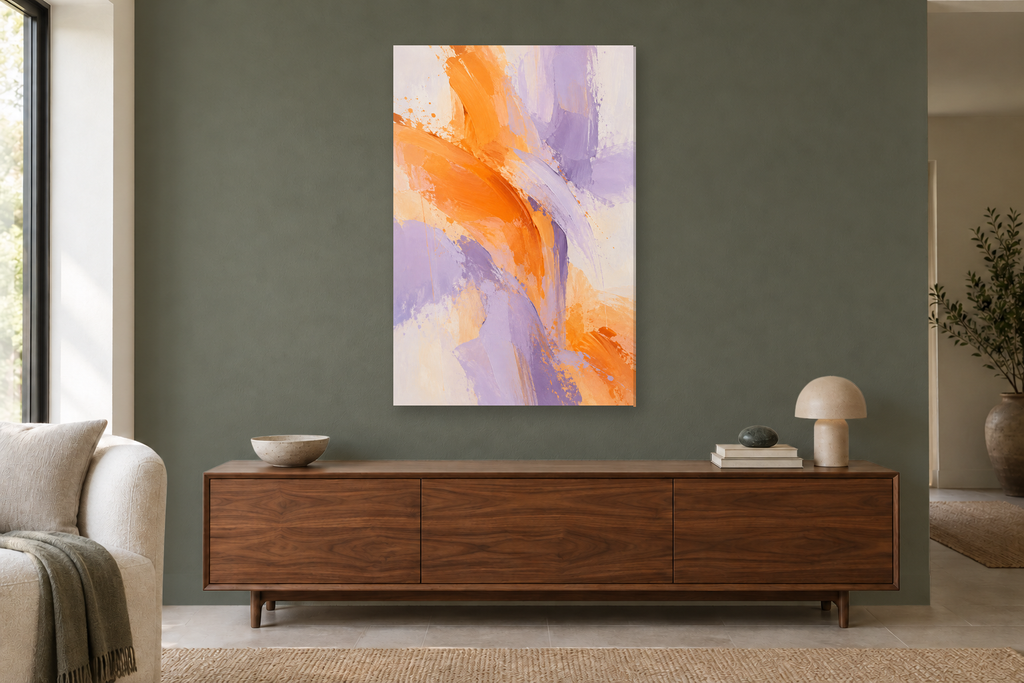 Papaya Rhythm in a living room — interior mockup with the complete original artwork