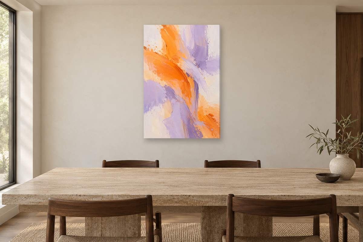 Papaya Rhythm in a dining room — interior mockup with the complete original artwork