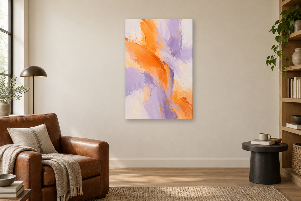 Papaya Rhythm in a reading corner — interior mockup with the complete original artwork