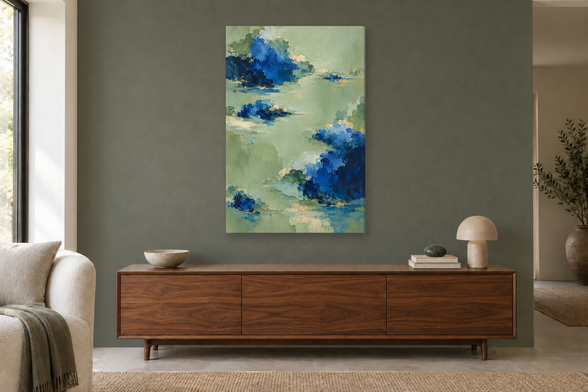 Cobalt Garden in a living room — interior mockup with the complete original artwork