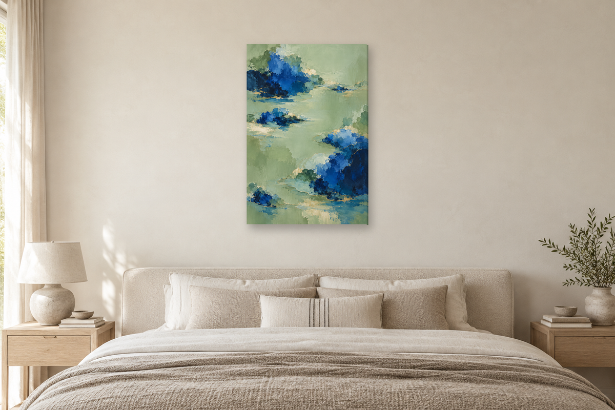 Cobalt Garden in a bedroom — interior mockup with the complete original artwork