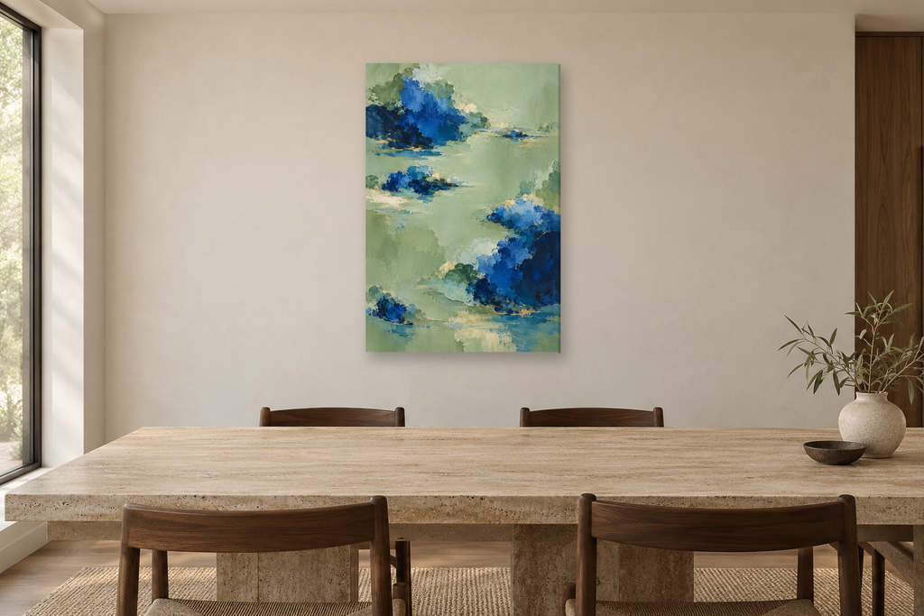 Cobalt Garden in a dining room — interior mockup with the complete original artwork