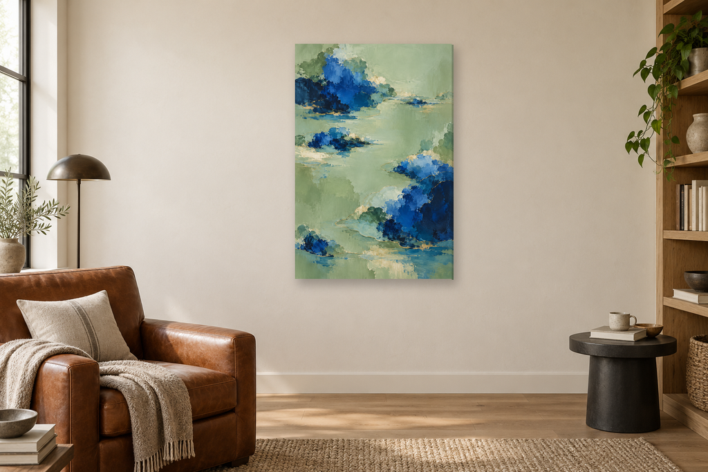 Cobalt Garden in a reading corner — interior mockup with the complete original artwork