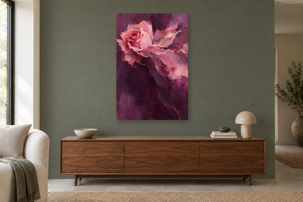 Rose Current in a living room — interior mockup with the complete original artwork