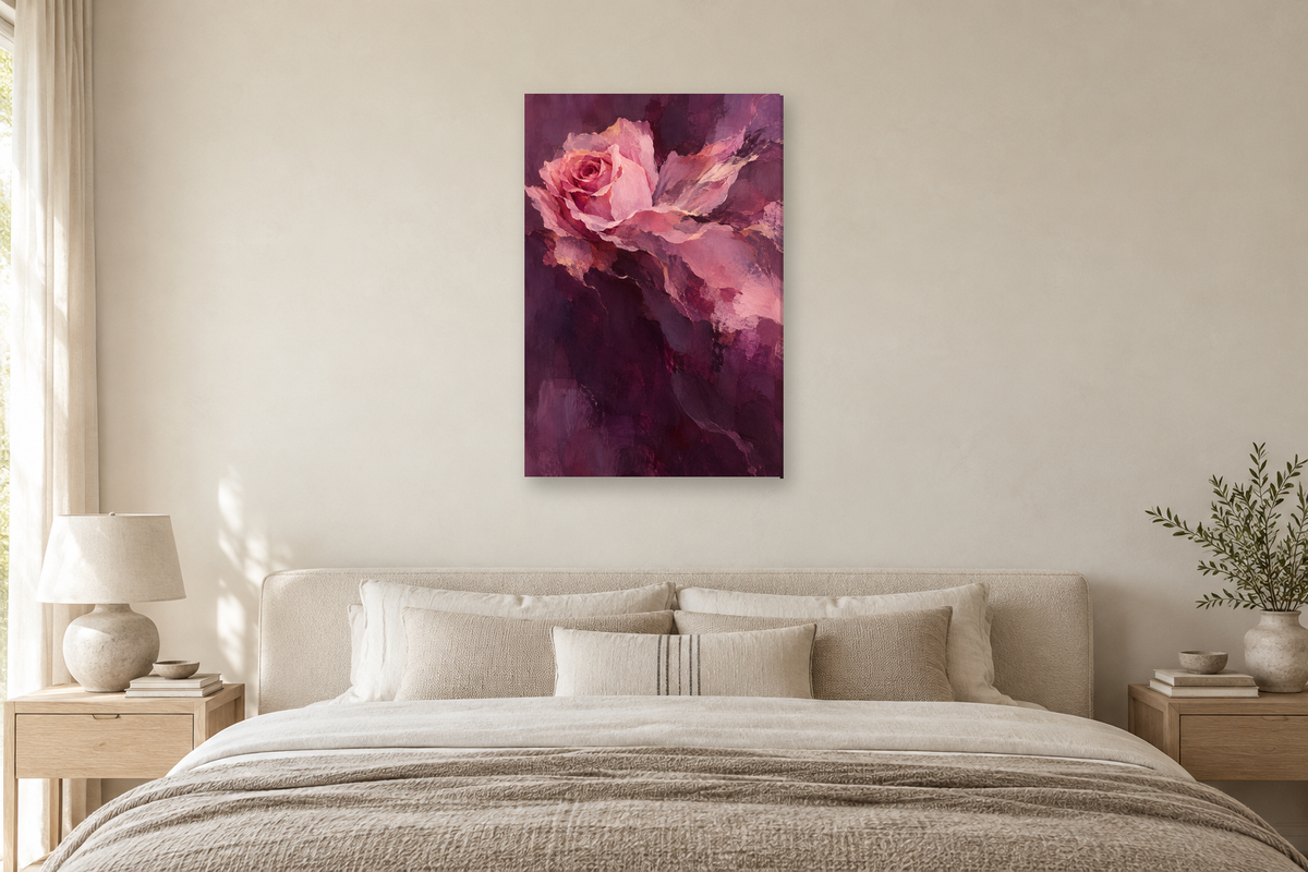 Rose Current in a bedroom — interior mockup with the complete original artwork