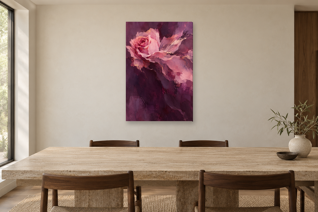 Rose Current in a dining room — interior mockup with the complete original artwork