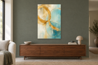 Golden Conversation in a living room — interior mockup with the complete original artwork