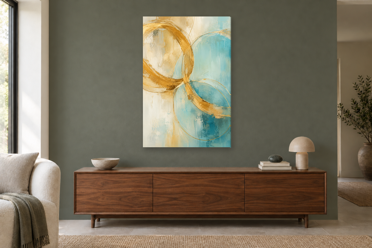 Golden Conversation in a living room — interior mockup with the complete original artwork
