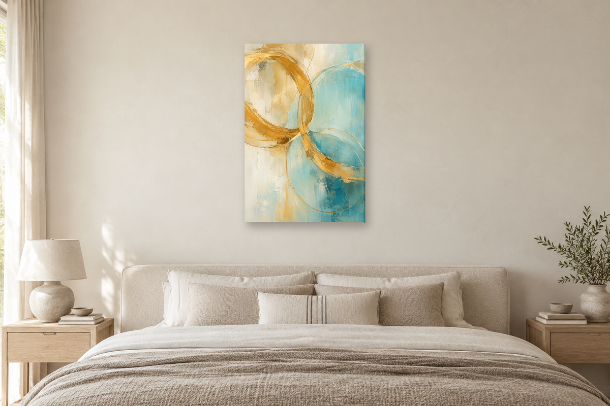 Golden Conversation in a bedroom — interior mockup with the complete original artwork