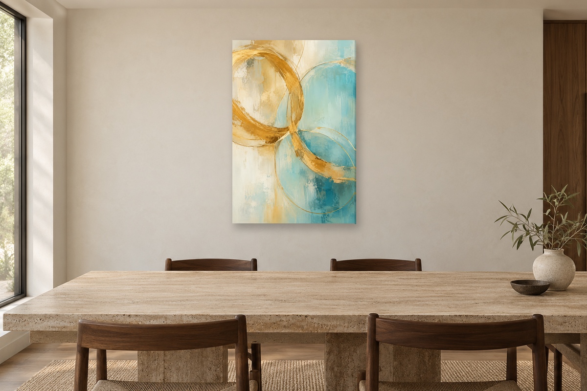 Golden Conversation in a dining room — interior mockup with the complete original artwork