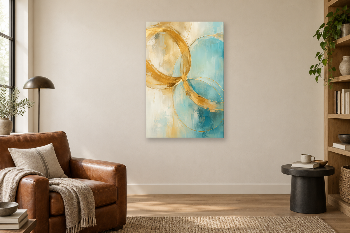 Golden Conversation in a reading corner — interior mockup with the complete original artwork