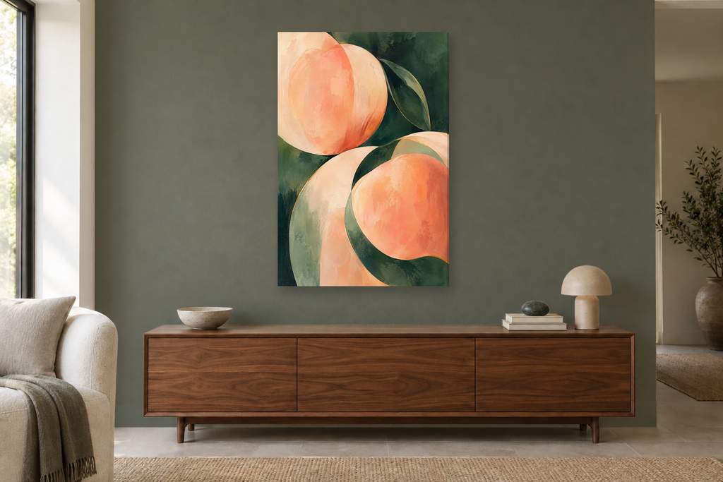 Peach Sonata in a living room — interior mockup with the complete original artwork