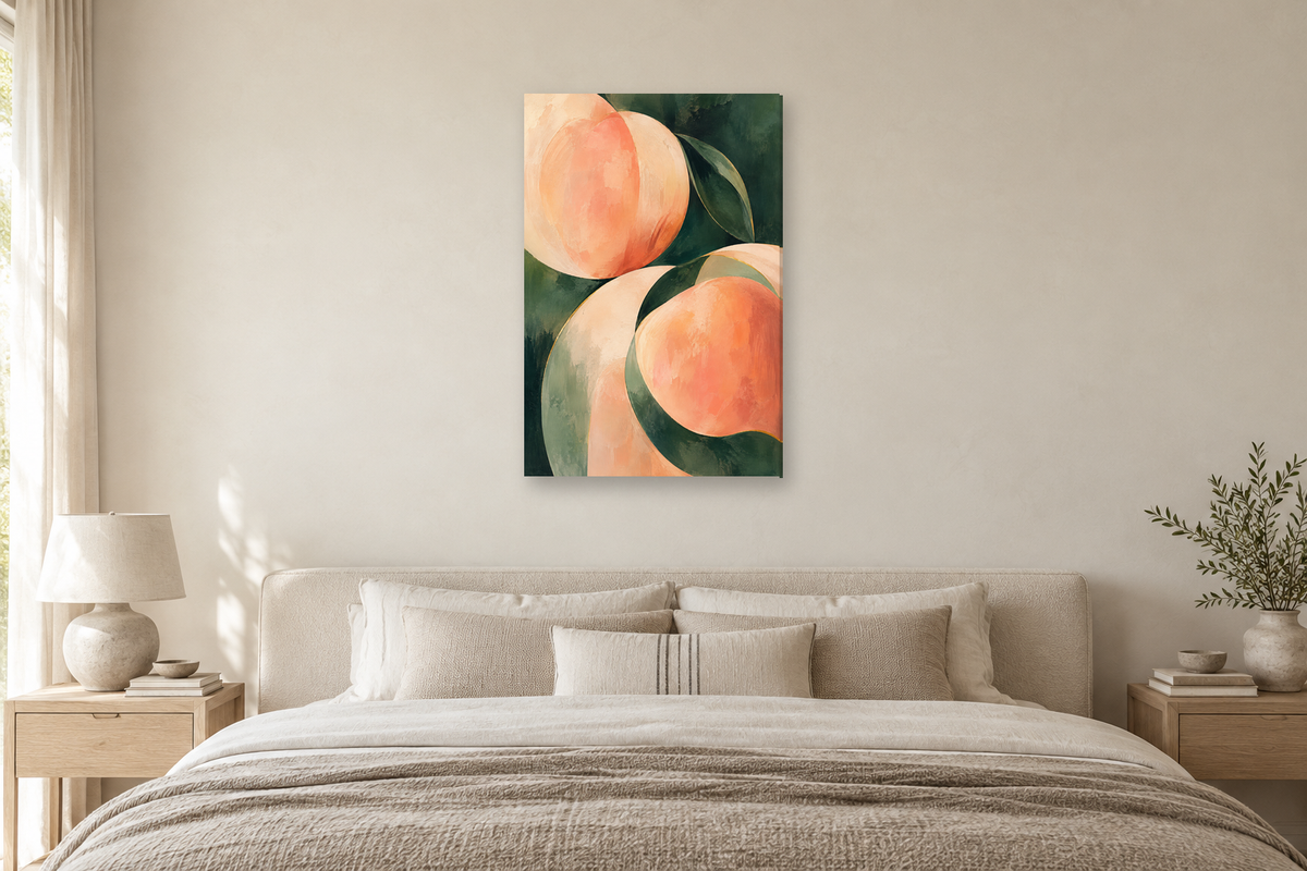Peach Sonata in a bedroom — interior mockup with the complete original artwork