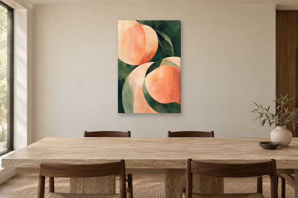 Peach Sonata in a dining room — interior mockup with the complete original artwork