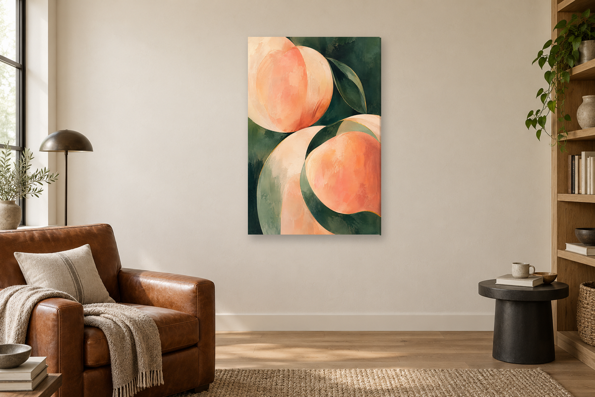 Peach Sonata in a reading corner — interior mockup with the complete original artwork