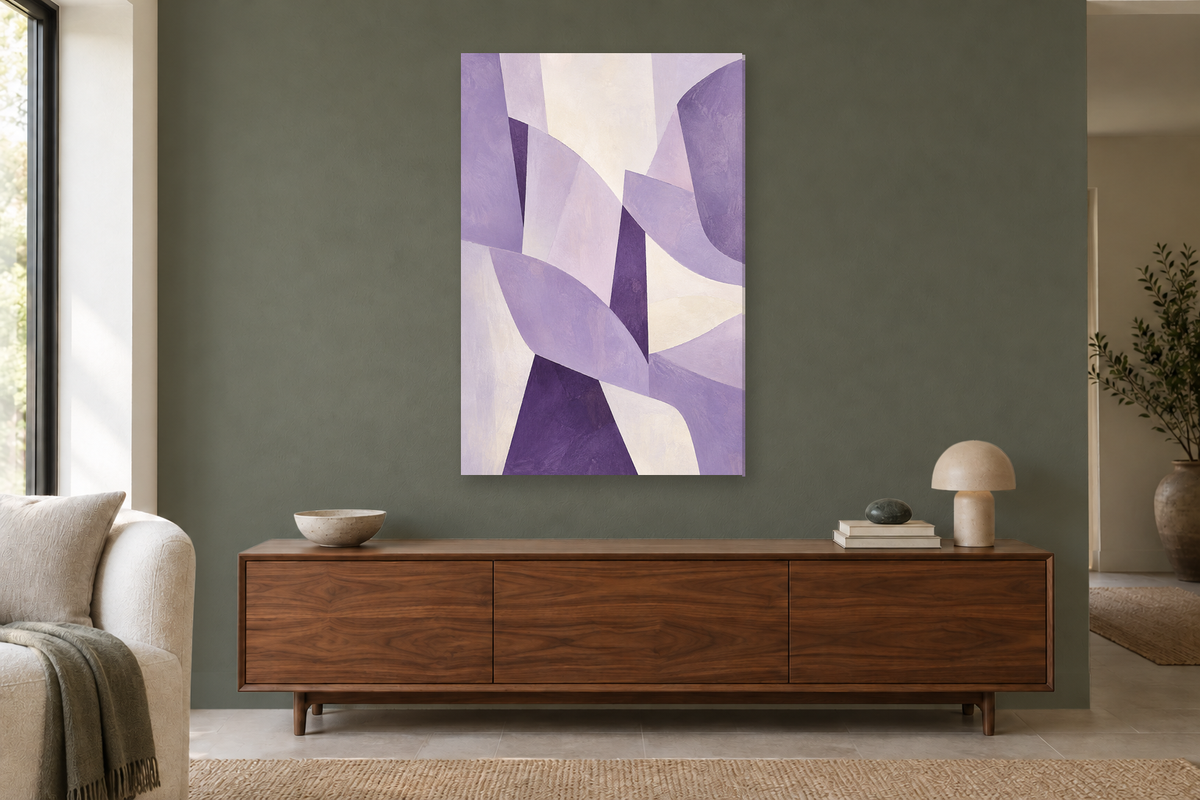 Lilac Assembly in a living room — interior mockup with the complete original artwork