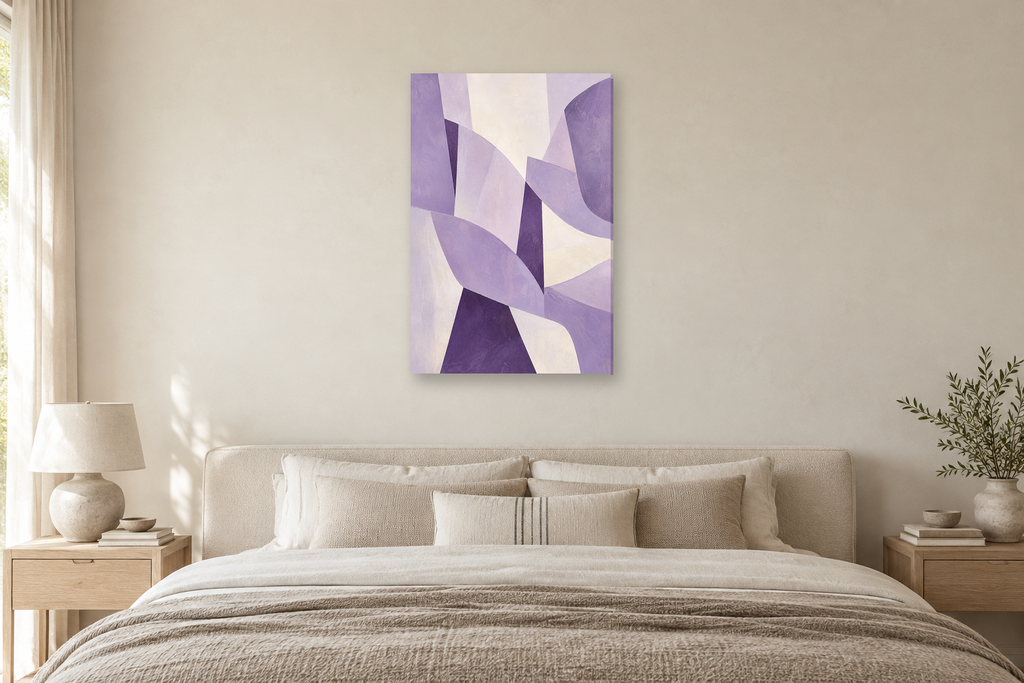 Lilac Assembly in a bedroom — interior mockup with the complete original artwork